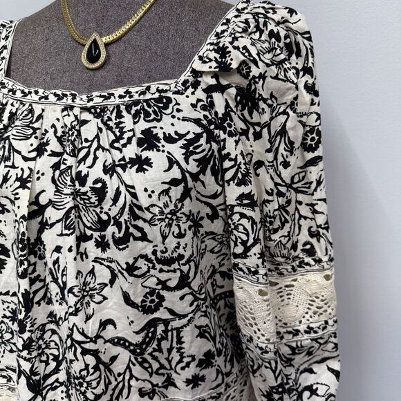 Christian Siriano Boho Peasant Top Size XL Linen Blend Black Floral Crochet Lace - Picture 2 of 12